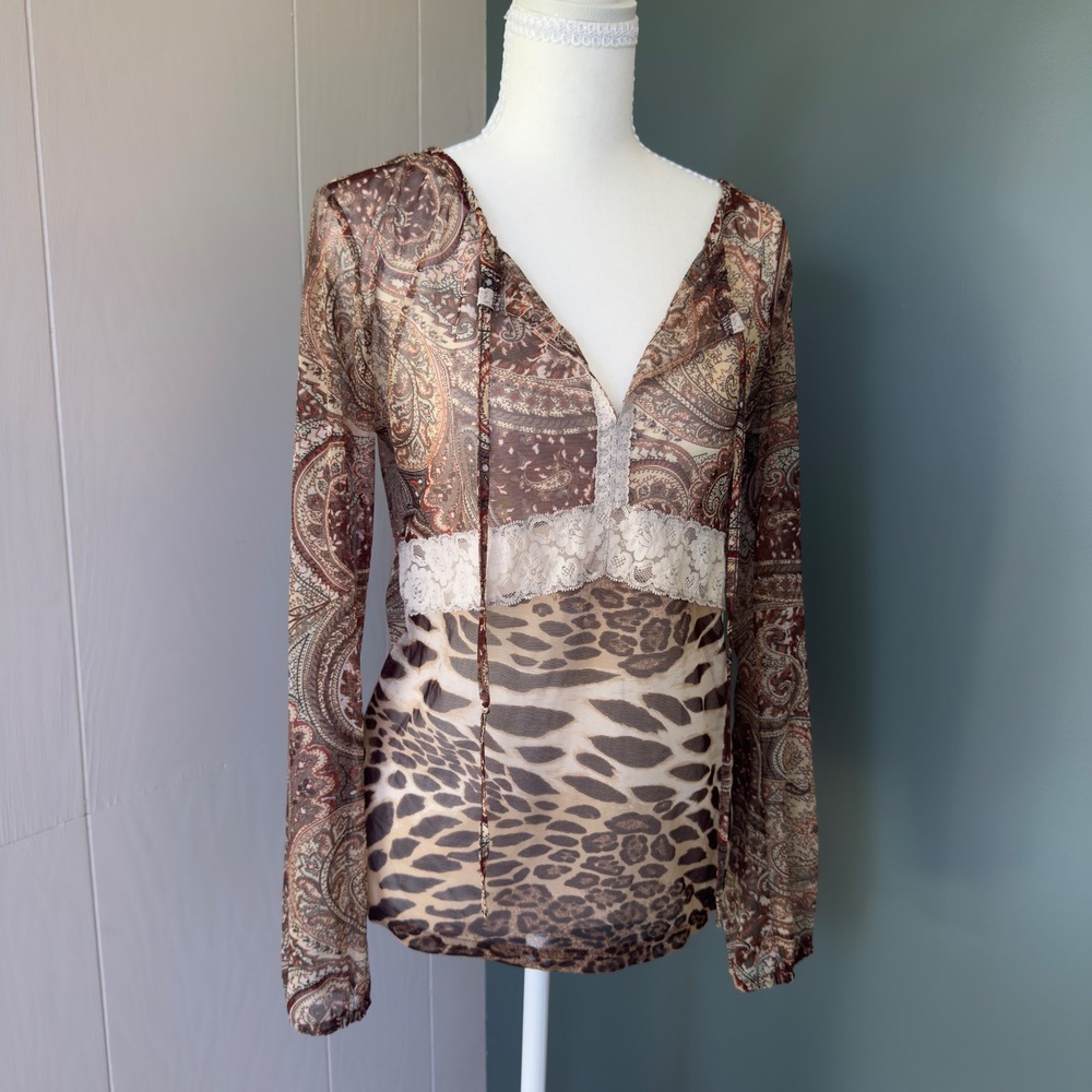 Moda International Mesh Top Brown Paisley Leopard Lace Tie Front Long Sleeve S